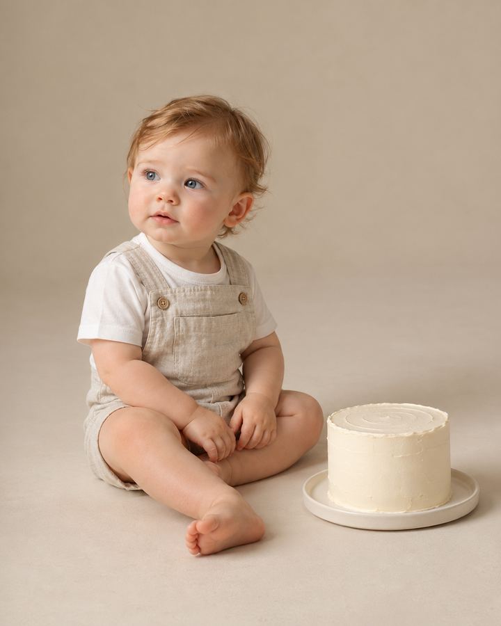 Cake Smash: baby beside ivory cake