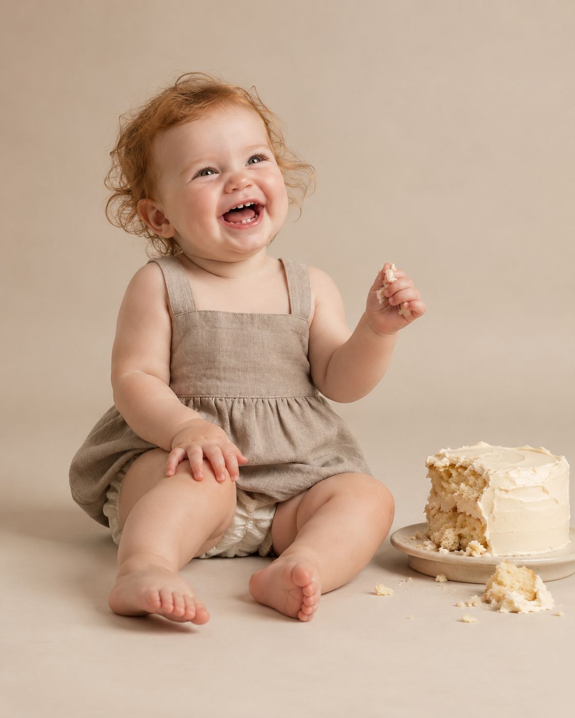 laughing beside smashed cake