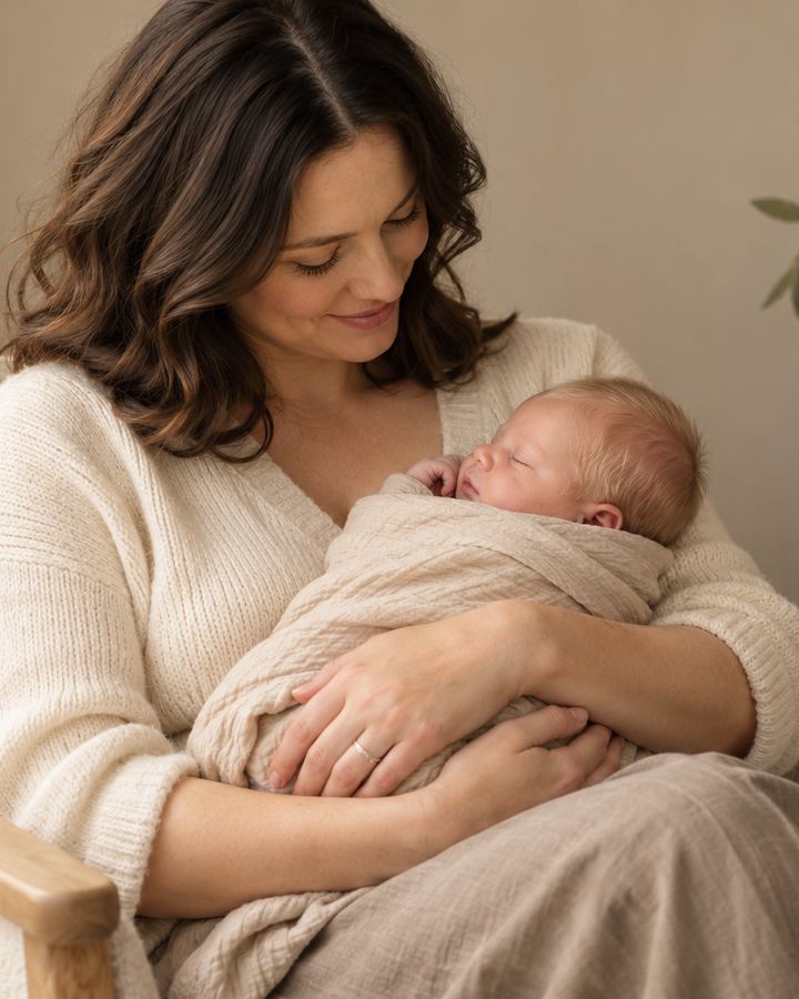 Family: mother cuddling newborn chair