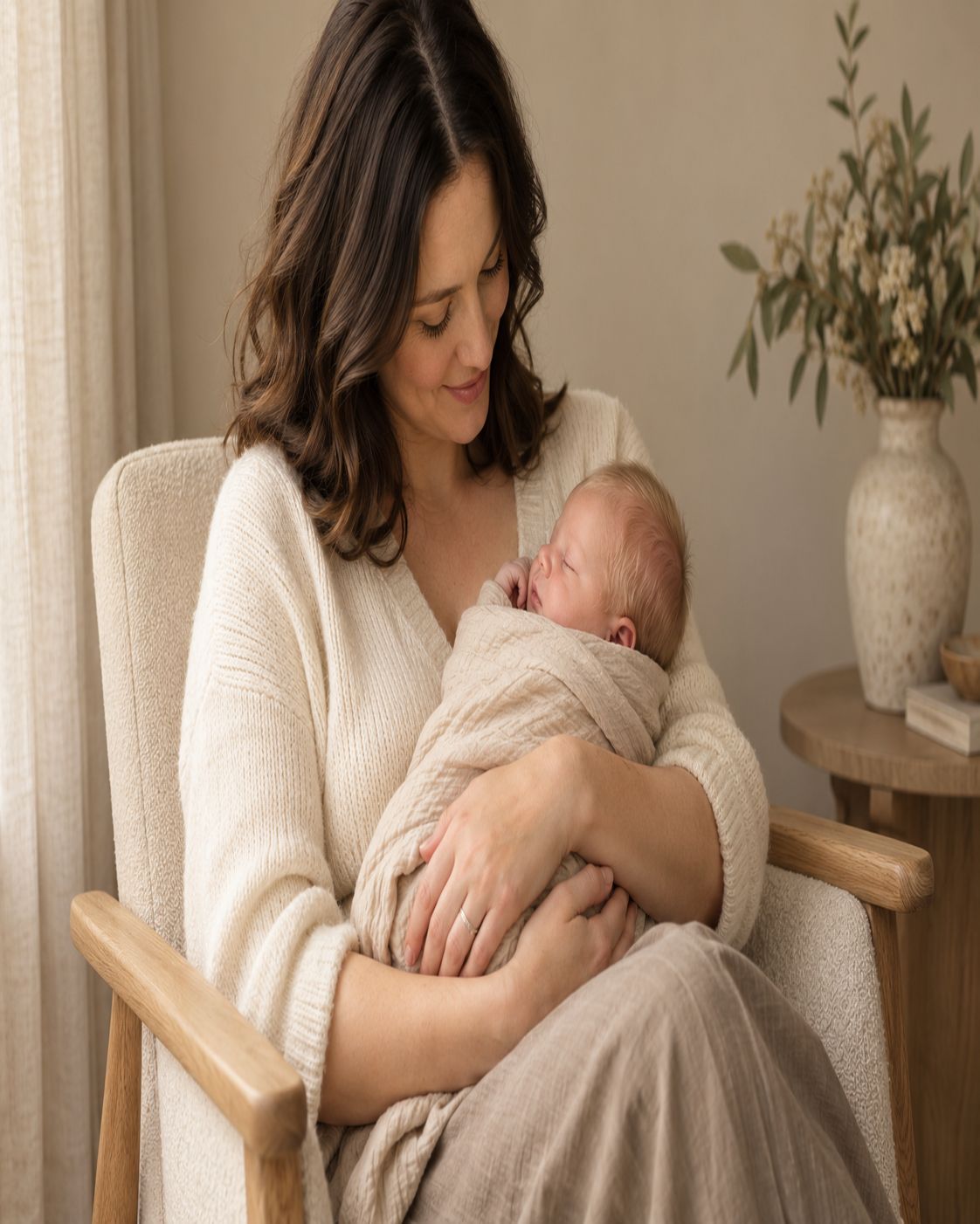 mother cuddling newborn chair
