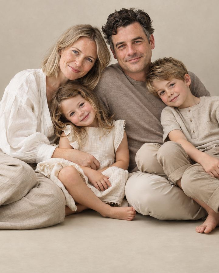 Family: parents children floor cuddle