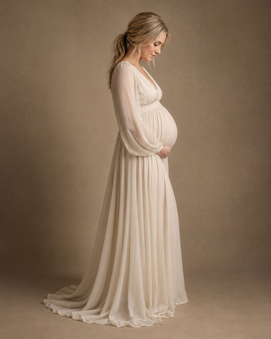 side profile flowing cream dress